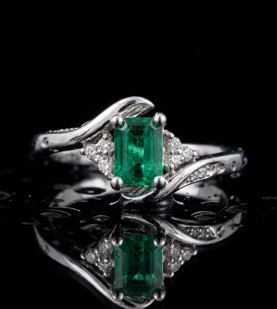 Anillo de plata 925 con esmeralda natural colombiana de talla esmeralda y diamantes de laboratorio
