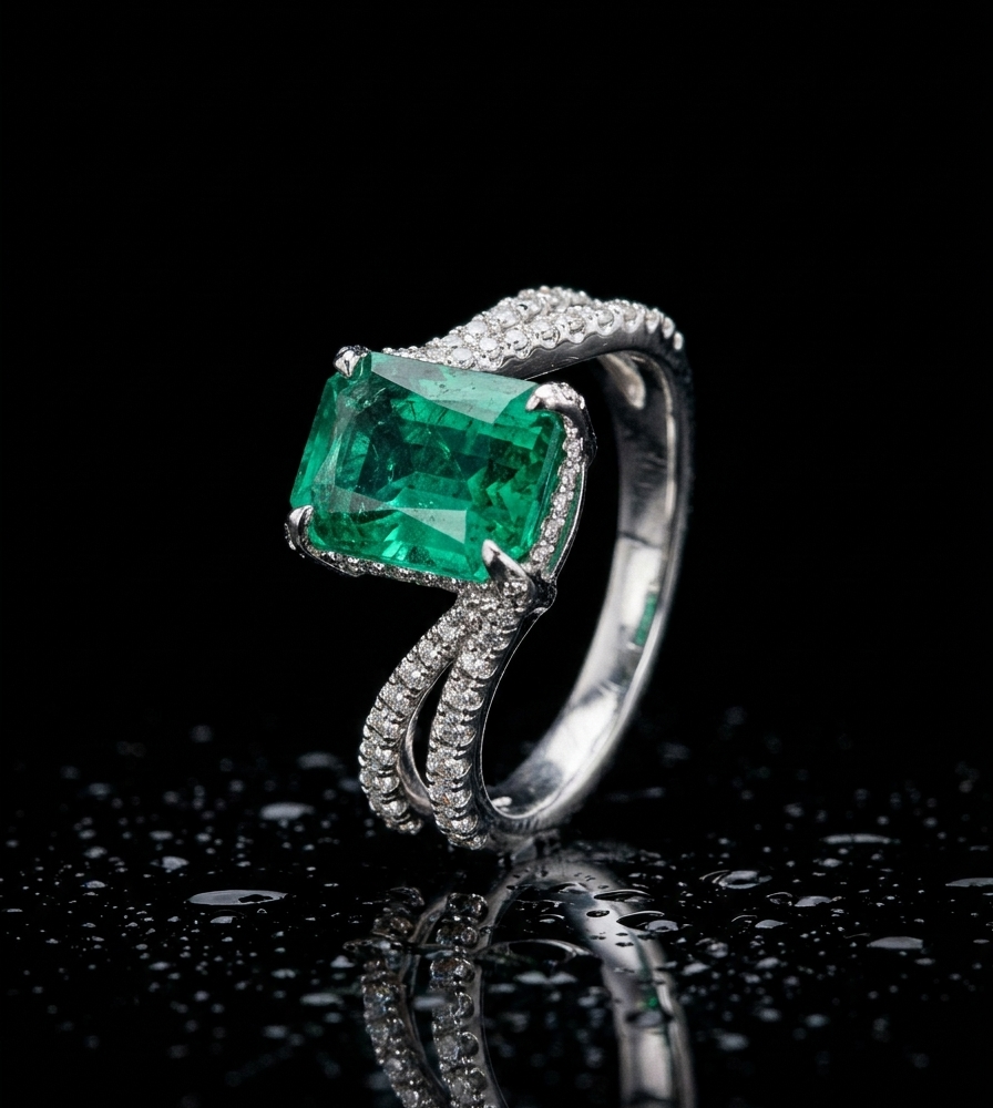 Anillo de plata 925 con esmeralda natural colombiana de talla esmeralda y banda dividida con diamantes de laboratorio