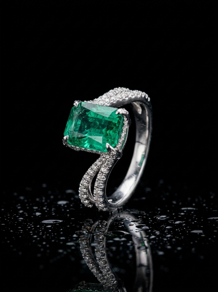 Anillo de plata 925 con esmeralda natural colombiana de talla esmeralda y banda dividida con diamantes de laboratorio