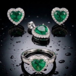 Set de anillo, dije y aretes con esmeraldas naturales colombianas de talla corazón y halo de brillantes