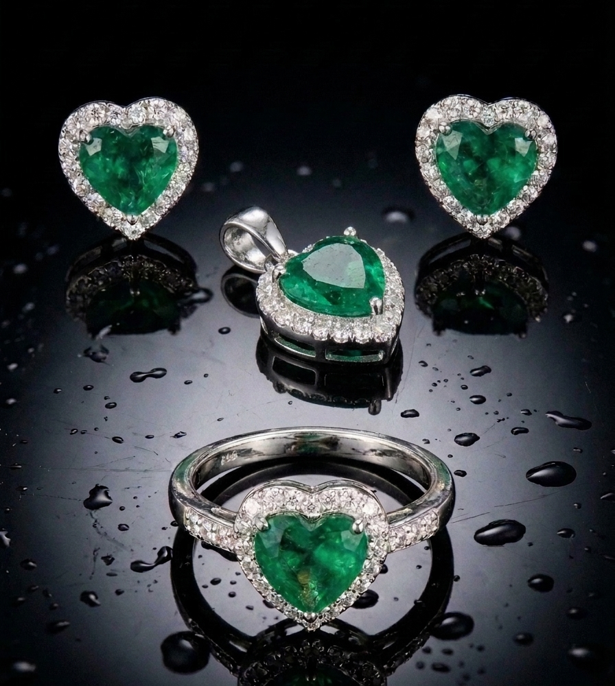 Set de anillo, dije y aretes con esmeraldas naturales colombianas de talla corazón y halo de brillantes