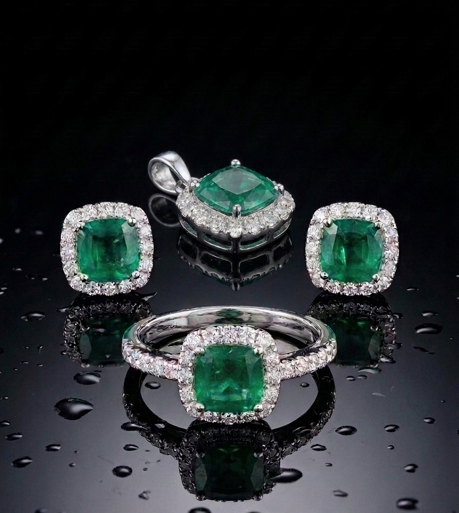 Set de anillo, dije y aretes con esmeraldas naturales colombianas de talla cojín y halo de brillantes