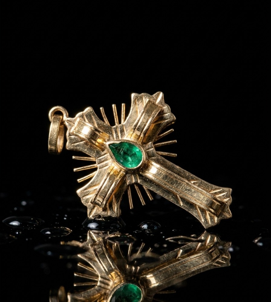 Dije Cruz Soleil Sacré con Esmeralda Natural Colombiana en Oro Amarillo 18k