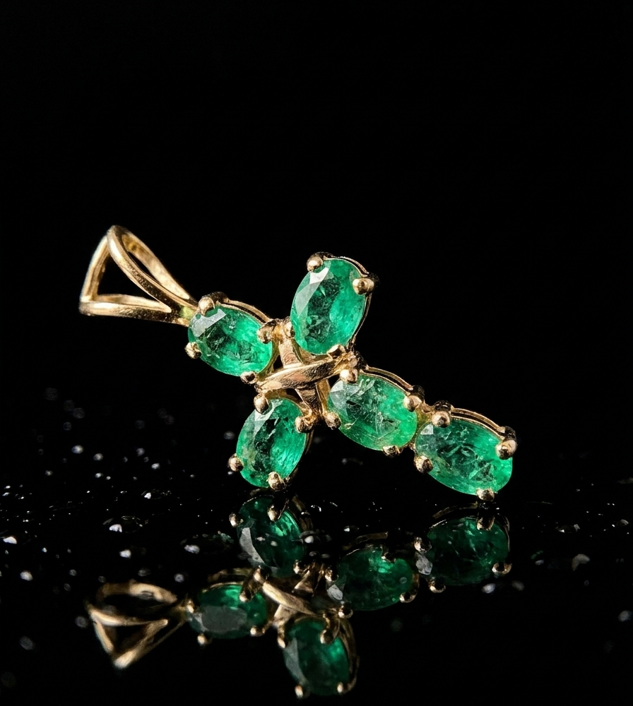 Dije Cruz Verte Espérance con Esmeraldas Naturales Colombianas en Oro Amarillo 18k