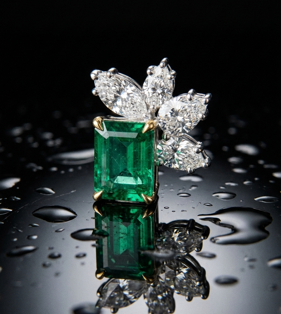 Dije Aigrette d’Émeraude con Esmeralda Natural Colombiana y Zircones en Plata Ley 925