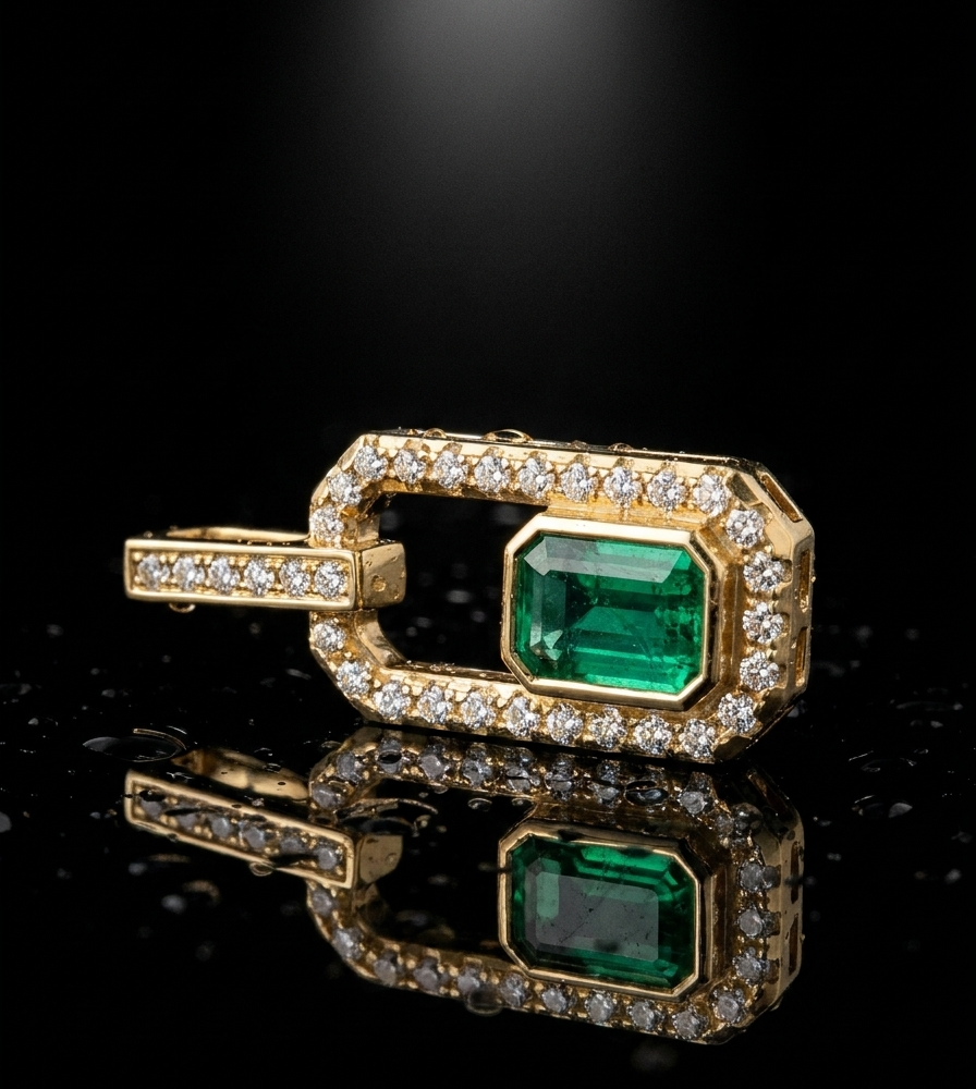 Dije Cadre d’Émeraude con Esmeralda Natural Colombiana y Zircones en Oro Amarillo 18k