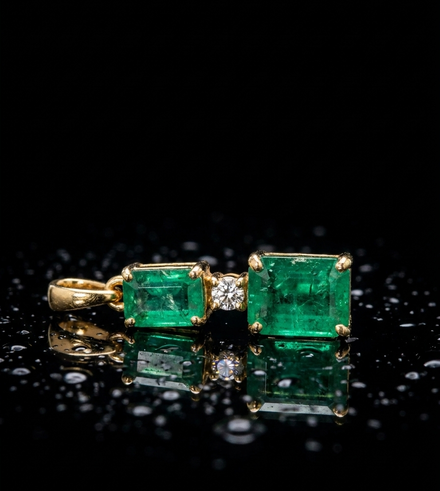 Dije Duo d’Émeraude con Dos Esmeraldas Naturales Colombianas en Oro Amarillo 18k