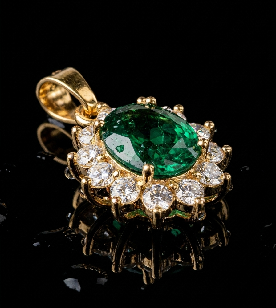 Dije Soleil d’Émeraude con Esmeralda Natural Colombiana y Zircones en Oro Amarillo 18k