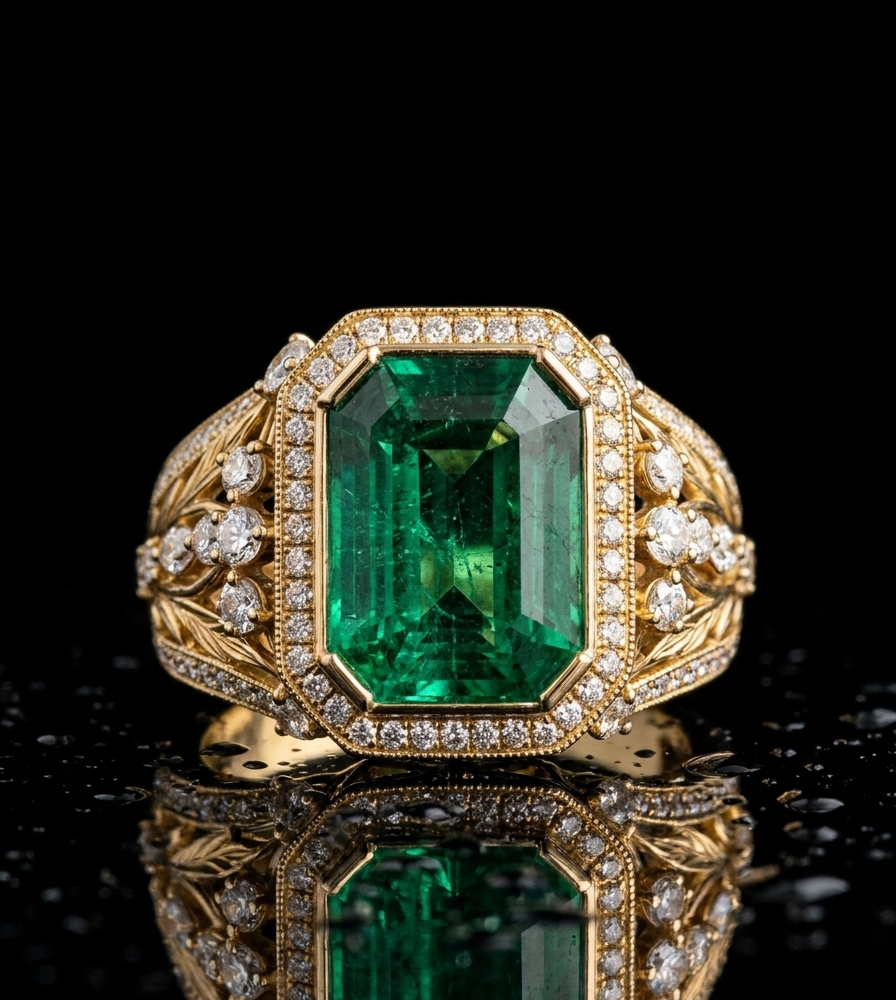 Anillo Souveraine Émeraude con Esmeralda Natural Colombiana y Zircones en Oro Amarillo 18k