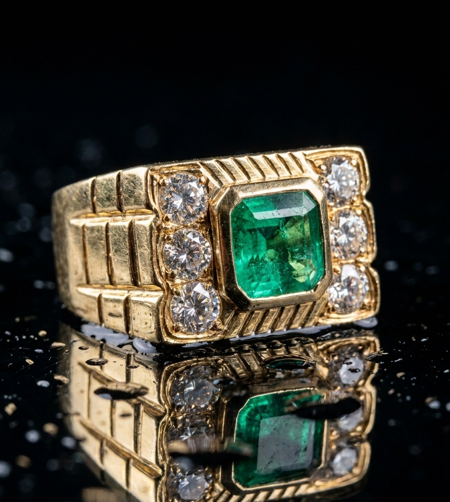 Anillo Seigneur Émeraude para Caballero con Esmeralda Natural Colombiana en Oro Amarillo 18k