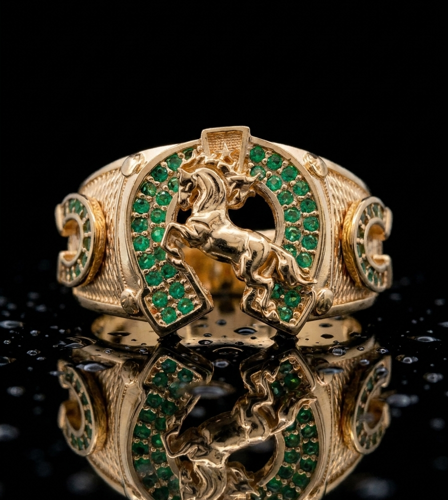 Anillo Cheval d’Or para Caballero con Esmeraldas Naturales Colombianas en Oro Amarillo 18k