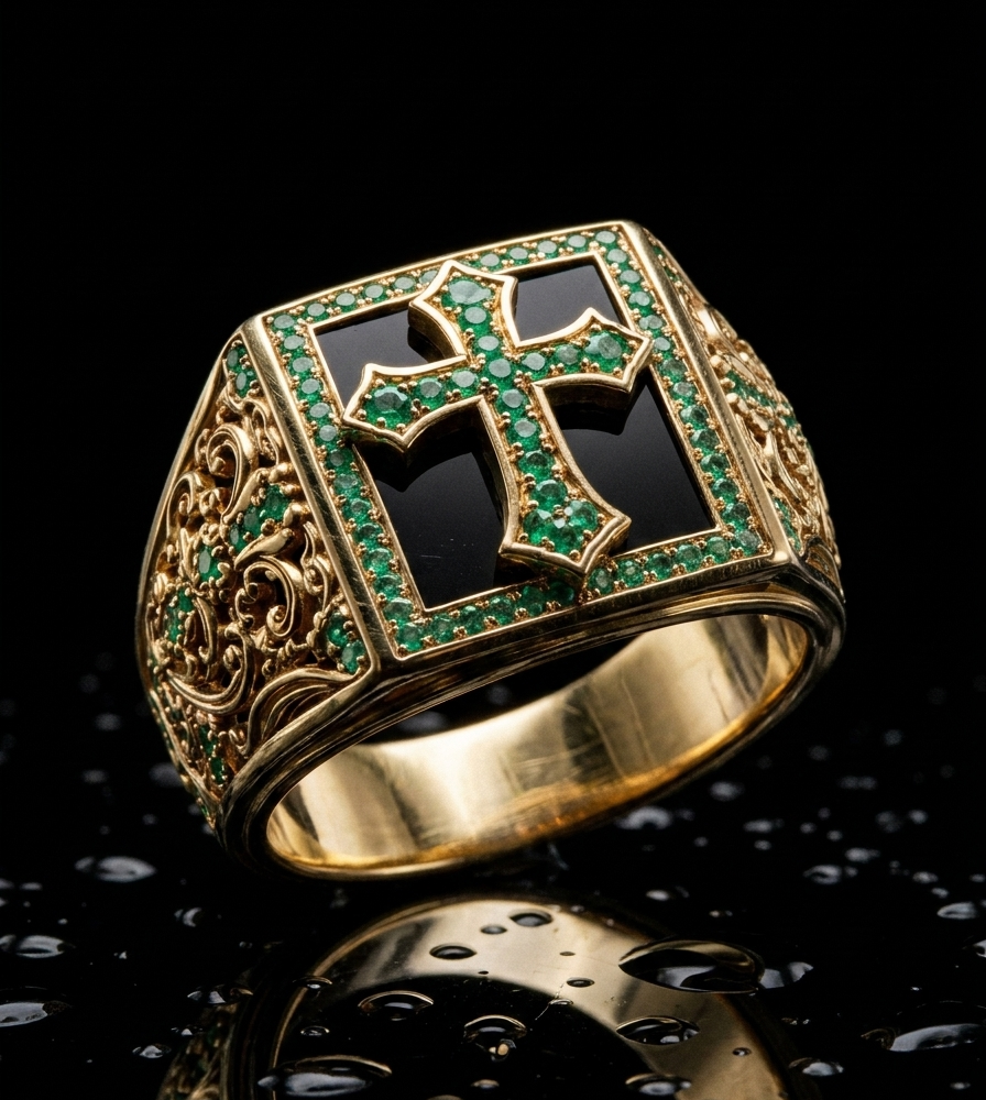 Anillo Croix d’Émeraude para Caballero con Esmeraldas Naturales Colombianas en Oro Amarillo 18k
