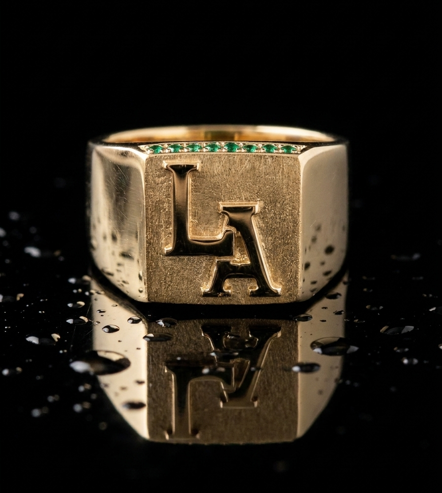 Anillo Monogramme LA para Caballero con Esmeraldas Naturales Colombianas en Oro Amarillo 18k