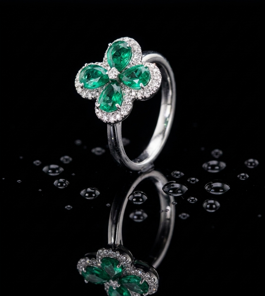 Anillo de plata 925 en forma de trébol con cuatro esmeraldas naturales colombianas de talla pera y halo de diamantes de laboratorio