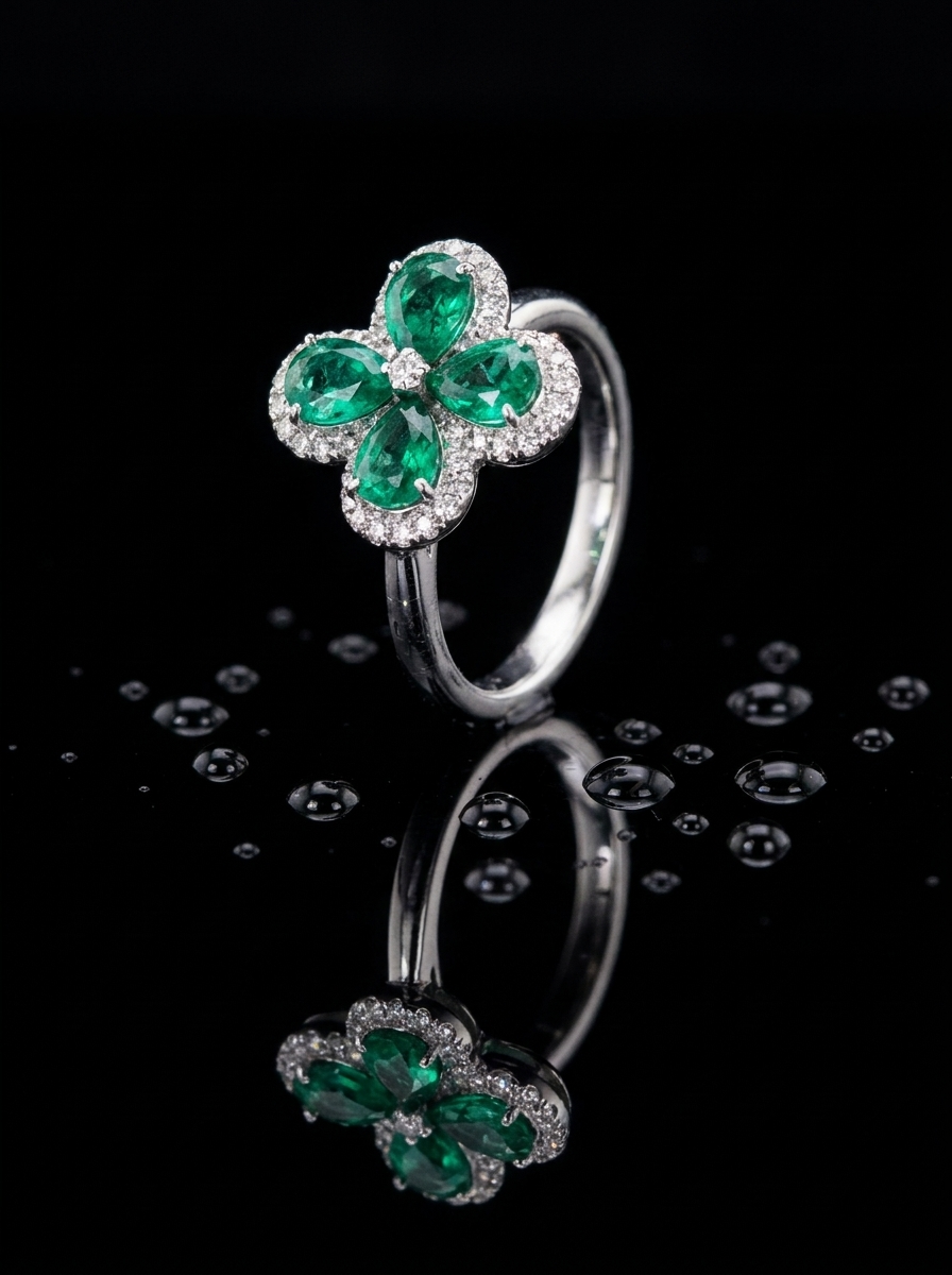 Anillo de plata 925 en forma de trébol con cuatro esmeraldas naturales colombianas de talla pera y halo de diamantes de laboratorio