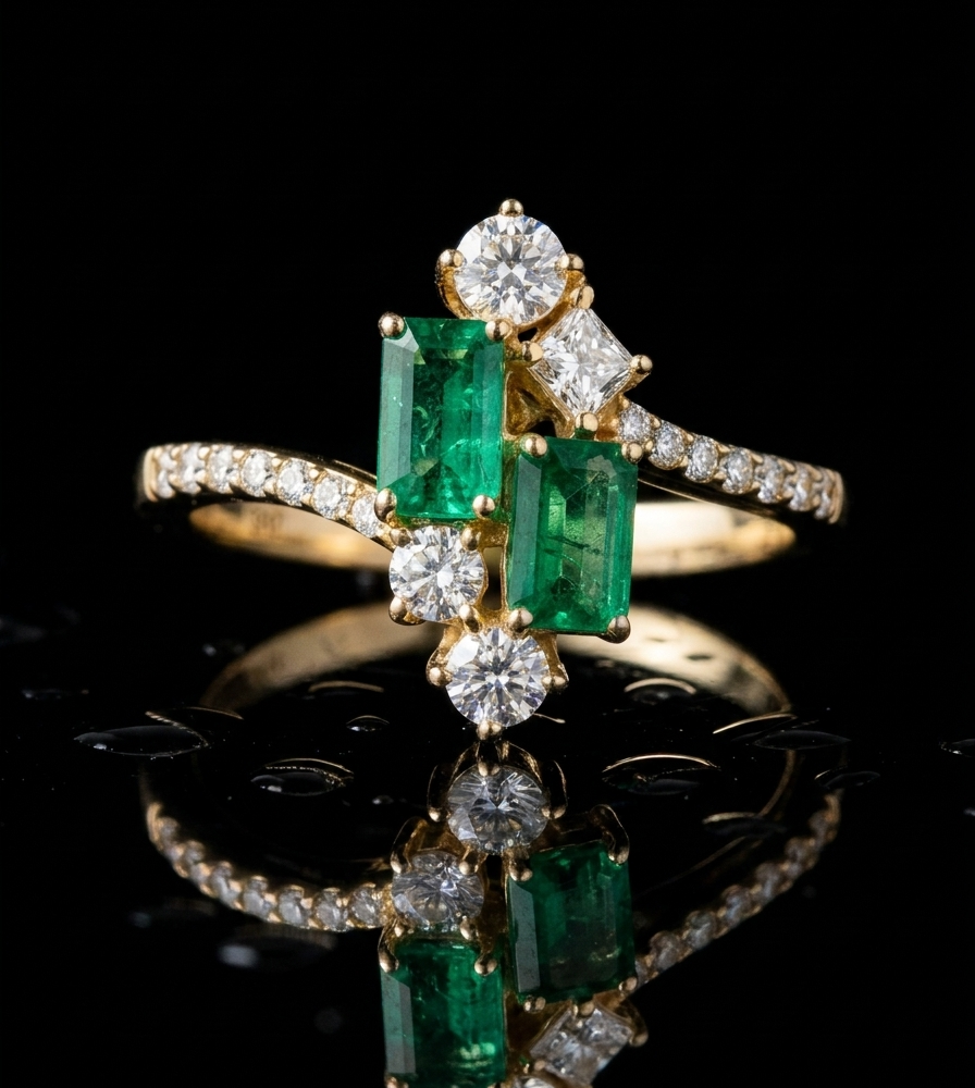 Anillo de oro amarillo 18k con dos esmeraldas naturales colombianas de talla esmeralda y brillantes